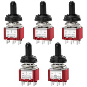 Mini Momentary Toggle Switch, MTS-223, (ON)-Off-(ON), DPDT, 6 Pin, 2A 250V, 6A 125V, with Waterproof Cover, Pack of 5