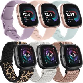3+3 Pack Elastic Band and Silicone Band Compatible with Fitbit Versa 4 Bands for Woman/Fitbit Sense 2 Bands/Fitbit Versa 3 Bands/Fitbit Sense Bands, Replacement Wristband for Women Men for Smartwatch