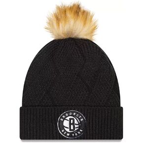 New Era Women Brooklyn Nets Snowy Knit Cuffed Pom Beanie Black