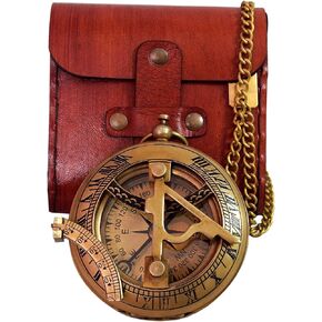 Vintage Brass Sundial Compass with Leather Case - Antique Brass & Copper Sun Clock for Camping, Hiking, Touring - Engraved Gift for Him - Nautical Ship Replica Watch - Sundial Clock in Box
