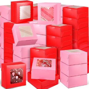 Cholemy 100 Pcs Valentine's Day Bakery Boxes with Window Red Pink Valentines Cookie Boxes for Gift Giving 6 x 6 x 3 Inch Small Cupcake Treat Boxes Pastry Boxes for Chocolate Macarons Cupcakes Donuts