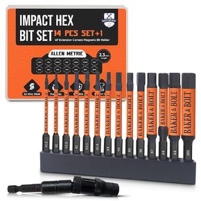 Baker&Bolt Impact Hex Bit Set, Robertson 14-pcs+bit holder14-pcs+bit holder Wrench Drill Bit Set, Hex Drill Bit Set, 45° Extension Corners Magnetic bit holder, Convenient Storage Case Included