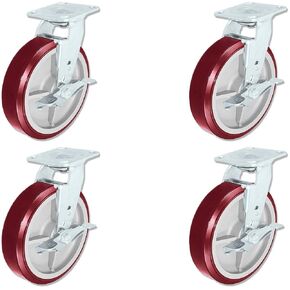 CasterHQ - 8" X 2" Swivel Caster Heavy Duty Polyurethane Wheel W/Brakes 950lbs Each - Set of (4) Tool Box