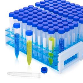 100Pcs 15ml Conical Centrifuge Tubes with 2Pcs Racks, Plastic Clear Lab Test Tubes with Screw Caps, Sample Tubes Vials with Graduated Scale and Write Marks