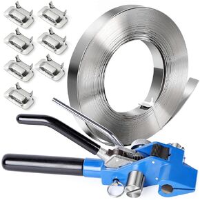 Pallet Packing Banding Strapping Kit – 3 in 1 Banding Tools for Steel Strapping Include Tensioner Tool, 100' Length x 3/4" Wide 304 Stainless Steel Strapping Coil, 100pcs Ear-Lokt Buckle