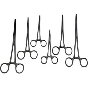 6 Piece Curved & Straight (8", 6.25" and 5") Black Coated Hemostat Set, Stainless Steel Locking Tweezer Clamps - Ideal Hemostats for Nurses, Fishing Forceps, Crafts and Hobby