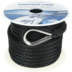 Amarine Made Boat Rope, 3/8 inch 50ft Anchor Rope, Premium Solid Braid MFP Braided Anchor Rope/Line with Stainless Steel Thimble-800kg Breaking Strength Marine Rope(Black 50ft)