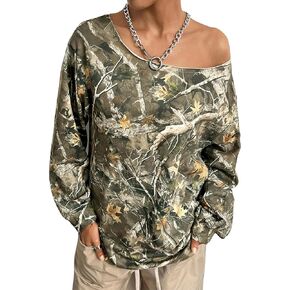 Women Off The Shoulder Camo Sweatshirt Oversized Maple Leaf Long Sleeve Pullover Hoodie Loose Trendy Y2K Fall Tops