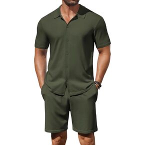 COOFANDY Men's 2 Piece Outfits Sets Casual Short Sleeve Button Down Knit Shirt and Shorts Sets Summer Beach Outfits