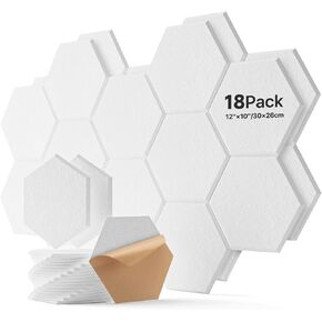 18 Pack Hexagon Acoustic Panels, Self-Adhesive Soundproof Wall Panels, High Density Acoustic Wall Panels, Sound Proofing Panels for Walls, Office,Reccording Studio, Ceiling 12" X 10" X 0.4" White