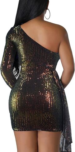 CUTUBLY Sequin Dress for Women Summer Sexy One Shoulder Club Party Birthday Prom Dresses 2024(HY9368-Black-XXL) in Saudi Arabia
