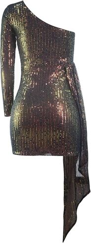CUTUBLY Sequin Dress for Women Summer Sexy One Shoulder Club Party Birthday Prom Dresses 2024(HY9368-Black-XXL) in Saudi Arabia