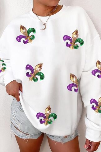 Mardi Gras Sweatshirt for Women Sequin Graphic Crewneck Long Sleeve Casual Pullover Sweatshirts Tops in Kuwait