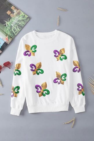 Mardi Gras Sweatshirt for Women Sequin Graphic Crewneck Long Sleeve Casual Pullover Sweatshirts Tops in Kuwait