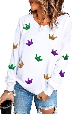 Mardi Gras Sweatshirt for Women Sequin Graphic Crewneck Long Sleeve Casual Pullover Sweatshirts Tops in Kuwait