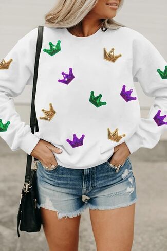 Mardi Gras Sweatshirt for Women Sequin Graphic Crewneck Long Sleeve Casual Pullover Sweatshirts Tops in Kuwait