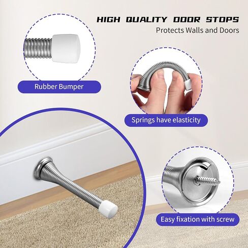12 Pack Spring Door Stoppers 3-2/5" Heavy Duty Flexible Satin Nickel Door Stop with Rubber Tip for Wall and Door Protection in Saudi Arabia