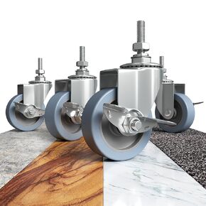 4 Inch Casters, Caster Wheels, Casters Set of 4, Locking Casters, Castor Wheels, Rubber Casters, Wheels for Wire Shelving Racks, Casters for Wire Shelving, Industrial, Heavy Duty, 3/8-16 x 1.5 Stem