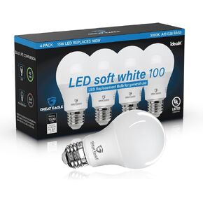 Great Eagle 100 Watt Light Bulb, A19 LED Light Bulbs 100 Watt Equivalent, 3000K LED Light Bulbs, Non-Dimmable 15W Soft White LED Light Bulbs (4 Pack)