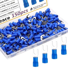 smseace 150Pcs #8(M4) Blue Fork Spade Connectors 16-14AWG Wire Fork Connectors U-Type Insulated Fork Crimp Terminal Cnnectors