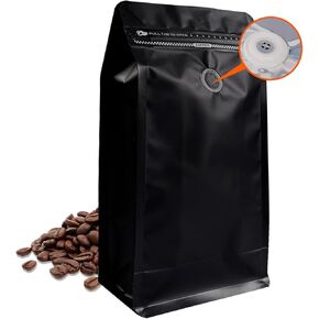 Coffee Bags with Valve(16oz/ 1lb, 100PCS), High Barrier Flat Bottom Stand Up for Coffee Bean Storage, Heat Sealable Resealable Bags for Small Business Home, Store (Black)