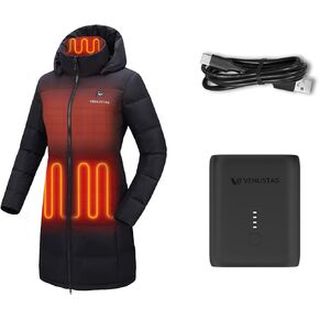 Venustas Women's Recycled Down Heated Jacket (Black, Large) with 7.4V Battery Pack Included and One Extra Ultra-Compact 7.4V Battery