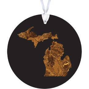 Michigan State Shape Copper, Joyride Home Décor Ornament, 4 Inch Wooden, Round Ornament with White Ribbon, Christmas Decor, Gift Tag, Artist Designed.