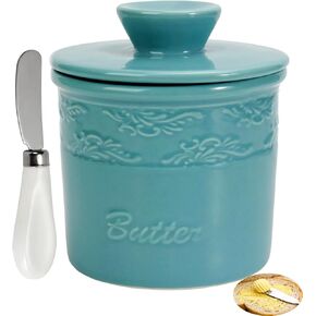 Butter Crock - French Butter Keeper Dish with Lid for Countertop, Ceramic Crock with Water Covered Keeper Holder for Kitchen, Blue
