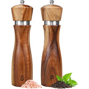 2 Pack Acacia Wood Salt and Pepper Grinder Set, Wooden Salt and Pepper Mill Set Salt and Pepper Shaker Tableware Birthday Gifts Ceramic Core-8 Inch
