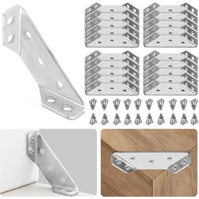 20PCS Universal Stainless Steel Furniture Corner Connector with Screws , Triangular Corner Connectors for Wood or Metal Furniture, Angle Fasten Corner Bracket Support （20PC+Screws）