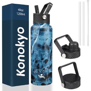 40oz Insulated Water Bottle Stainless Steel Sport Bottles with 3 Lids,Marble Ocean