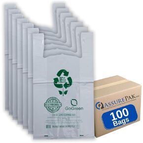 White Reusable/Eco-Friendly LDPE T-Shirt - Jumbo 17"x8"x29" - 100 Bags - 57 Micron (2.25 mil) - White