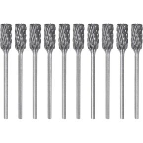 HARFINGTON 10pcs Carbide Rotary Burrs 3/32" (2.35mm) Shank 1/4" (6mm) Head Double Cut Cylindrical A Shape Die Grinder Bits Rasp Files for Metal Wood Plastic Polishing Engraving