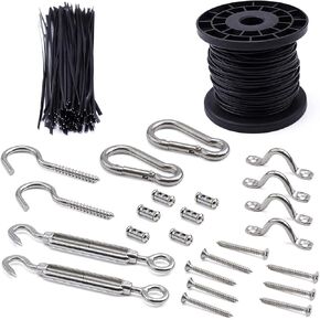 String Light Hanging Kit, Stainless Steel Hardware for The Globe Suspension Kits, Guide Wire for Outdoor String Lights 82ft Vinyl-Coated 304 Stainless Steel Wire Rope Cable, turnbuckle and Hooks
