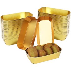 50PCS Paper Food Boats Gold Disposable Paper Food Tray 1lb Heavy-Duty Trays for Serving Food Nacho Trays Hot Dog Trays Snack Boats Cardboard Food Tray for Party Festivals BBQ Fruit Fries Corn