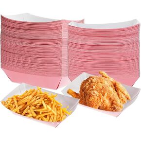 100Packs 2Lb Paper Food Trays Boat Trays, Disposable Nacho Trays Kraft Paper Boat Paper Food Serving Tray Plate for Takeout Snack Popcorn Dessset Burger Hotdog Sandwich Taco Fries Nacho Pink