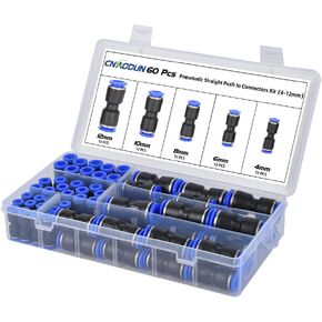 60Pcs Quick Connect Air Hose Fittings 4/6/8/10/12mm OD Pneumatic Push-to-Connect Fittings Kit Air Line Fittings for 5/32 1/4 5/16 3/8 1/2 inch OD Tube…