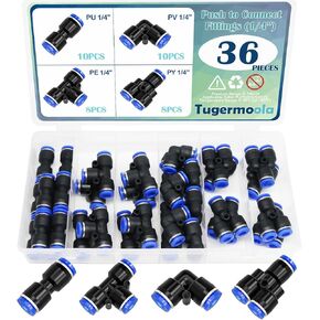 36PCS 1/4"OD Push to Connect Fittings Kit Quick Connect Air Hose Fittings 1/4"OD Pneumatic Kit 8 Spliters+10 Elbows+8 Tee+10 Straight Air Line Fittings