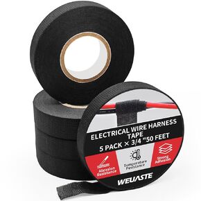 Wire Harness Automotive Cloth Tape, Adhesive High Noise Resistance Heat Proof, Chemical Fiber Fabric Electrical Tape for Wrapping Wiring Harness/Insulation (5 Rolls 3/4 Inch x 50 FT)