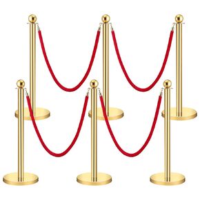 Velvet Ropes and Posts 6pcs, 5 ft Red Velvet Rope Crowd Control Barriers Gold Stanchions Post with Ball Top, Red Carpet Poles for Wedding, Red Carpet, Exhibition, Parties