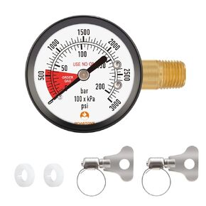 Roastove 2" Pressure Gauge for CO2 Beer keg Regulator,Regulator Gauge,0-3000psi,Left Hand Thread, with 2 Additional Sealing gaskets and Hose Clamps