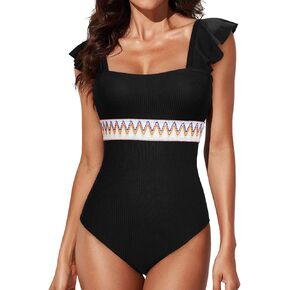 Aleumdr Women's One Piece Swimsuit Ruffle Tummy Control Bathing Suits Color Block Ribbed Swimwear