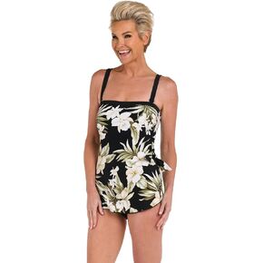 Maxine of Hollywood Women's Standard Bandeau Sarong One Piece Swimsuit, Black//Island Greenery