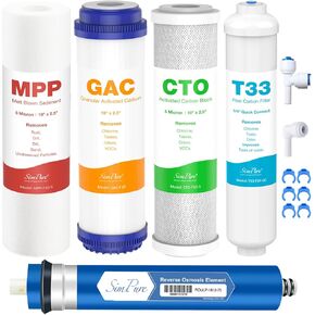 SimPure 5-Stage Reverse Osmosis Replacement Filter Set with 75 GPD RO Membrane, 5pc Pre & Post Replacement Cartridge Pack Kit for Standard 5-Stage Reverse Osmosis RO Systems