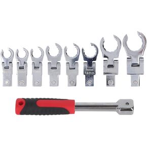 Flex Head Flare Nut Wrench Set, 9Pcs 180° Metric Steel Brake Line Ratchet Wrench Set, Flexible Ratcheting Open End Wrench Set for Maintenance, Ratcheting Line Wrench Set