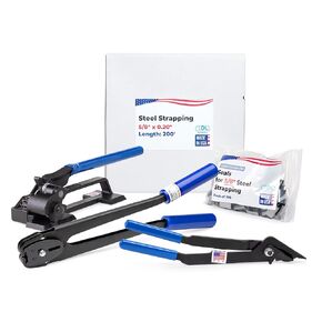 IDL Packaging USA Made 5/8" x 200' Steel Strapping Kit, 1400 lbs Break Strength – Reliable Tools from Domestic Manufacturer – Enough Strapping and Seals for 100 Uses Before Refill