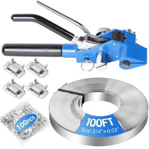 Steel Strapping Banding Kit, Heavy-Duty Banding Tensioner & Cutting Tool for a 3/4'' Width and 100-Feet Length 304 Stainless Steel Band Coil, 100 pcs of Steel Ear-Lokt Buckle