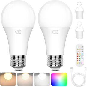 Rechargeable Battery Operated A19 Light Bulb with Remote Control 2 Packs, Dimmable Detachable LED Bulb with 15 Colors Selectable & 3 Timer, Wireless Puck Light Bulb for Wall Sconce, Non-Hardwired