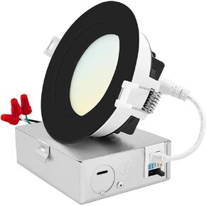 LUXRITE 4 Inch LED Recessed Ceiling Light with Junction Box, 15W, 5CCT 2700K/3000K/3500K/4000K/5000K, 1300LM High Brightness, Dimmable Canless Downlight, Wet Rated, IC Rated, ETL - Black