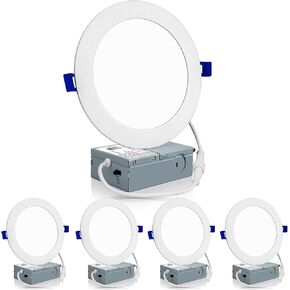 Meconard 4 Pack 6 Inch Ultra-Thin LED Recessed Ceiling Light, 3000K/4000K/5000K Selectable, Dimmable 12W=110W, 1050LM, IC Rated Can-Killer Downlights with Junction Box, ETL and Energy Star Listed